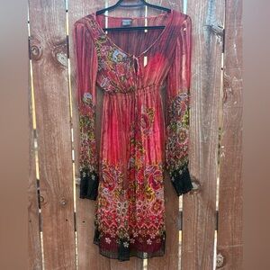 Muse Silk & Metallic Floral Bohemian Long-Sleeve Dress Women’s Size Medium